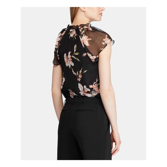 RALPH LAUREN Womens Black Sheer Ruffled Floral Flutter V Neck Blouse Petites PXS - Picture 2 of 4